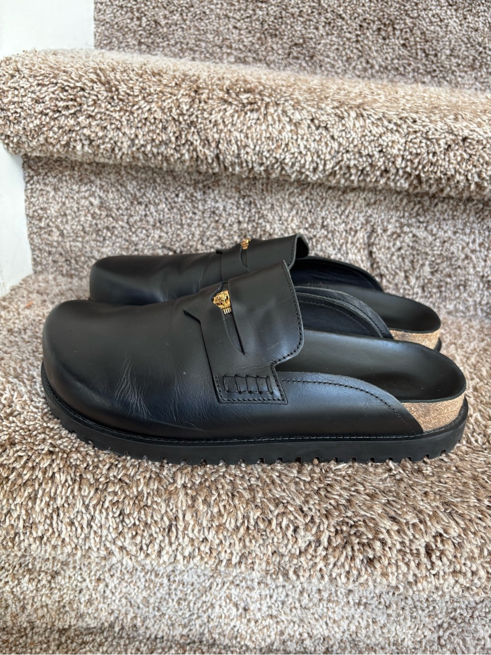 Versace Men’s Black Leather Slip-On Clogs with Gold Accent